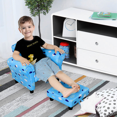 HOMCOM Toddler Chair Children's Armchairs Wood Frame w/ Footrest Anti-Slip Legs High Back Arms for Bedroom Playroom Cute Cloud Star Blue 