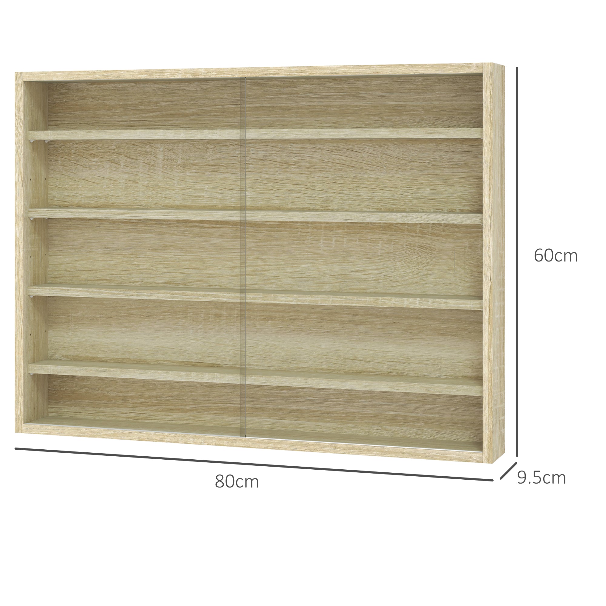 HOMCOM 5-Tier Wall Display Shelf Unit Cabinet w/ 4 Adjustable Shelves Glass Doors Home Office Ornaments 60x80cm Oak 