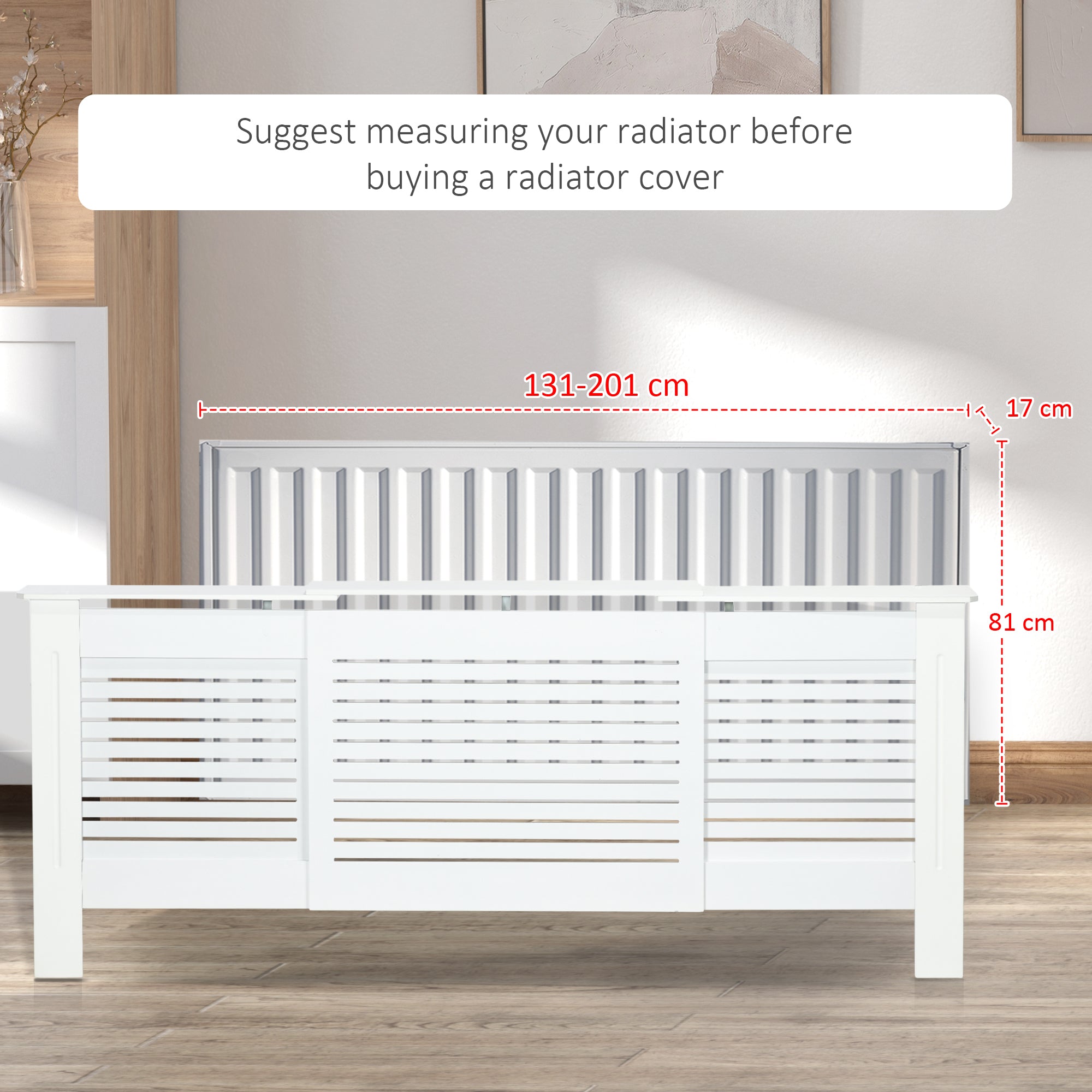 HOMCOM Set of 2 MDF Extendable Radiator Cover with Cabinet Shelving, Home Office Slatted Design, White 139-208.5L x 20.5W x 82.5H cm