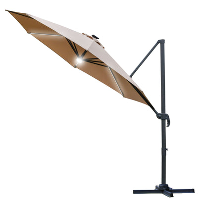 Outsunny 3(m) LED Cantilever Parasol Outdoor Sun Umbrella w/ Base Solar Lights Brown 