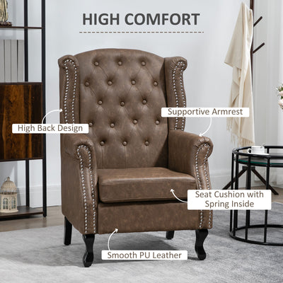 HOMCOM Wingback Accent Chair Tufted Chesterfield-style Armchair with Nail Head Trim for Living Room Bedroom Brown 