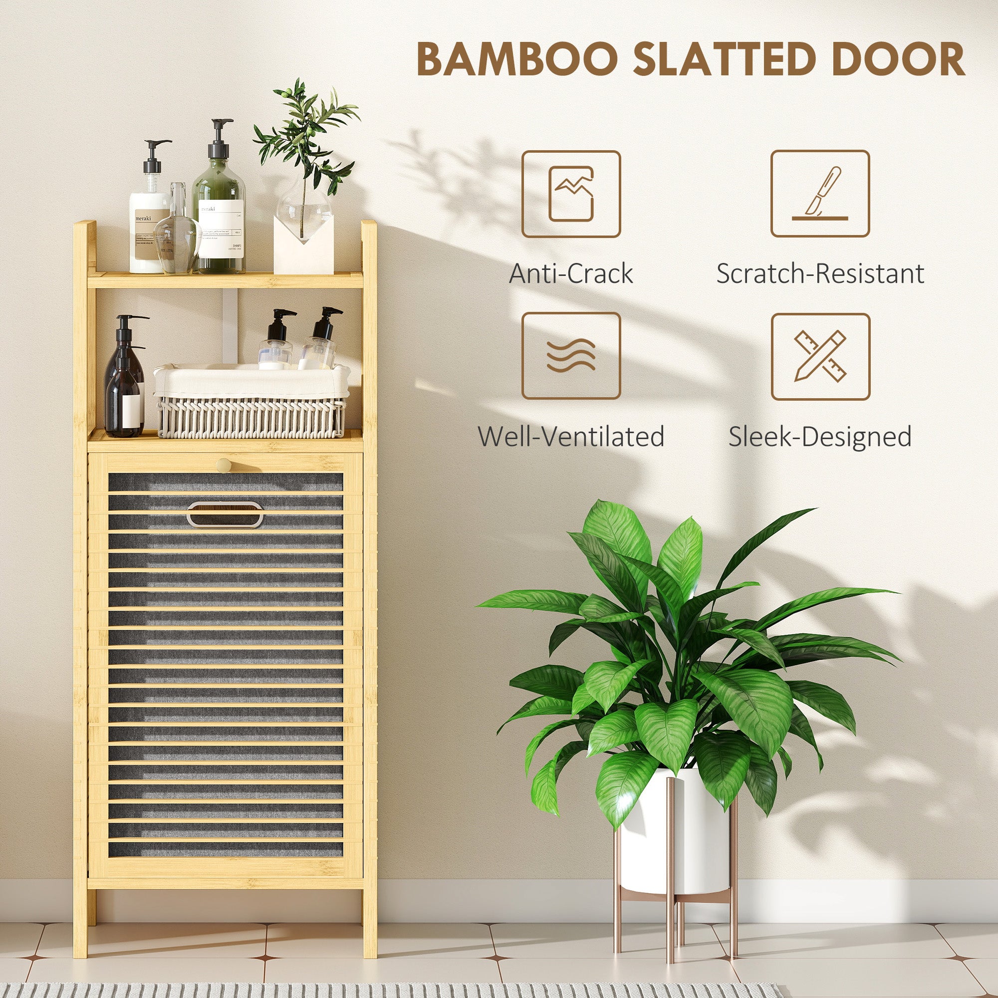 HOMCOM Bamboo Laundry Cabinet with Slatted Door, Bathroom Cabinet with Tilt-Out Hamper and Removable Liner Bag, 40 x 30D x 95 cm, Natural Wood Finish