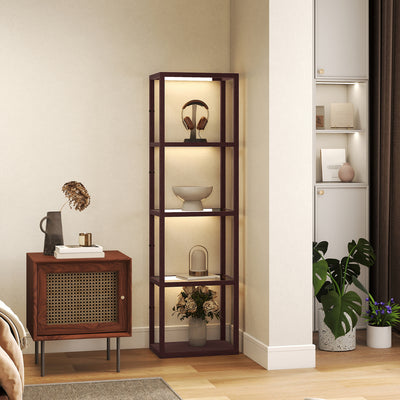 HOMCOM LED Floor Lamp with Glass Shelves, 4 Layers Dimmable Tall Standing Lamp, Modern Column Shelf Floor Light for Living Room, Bedroom, Office, Dark Brown 