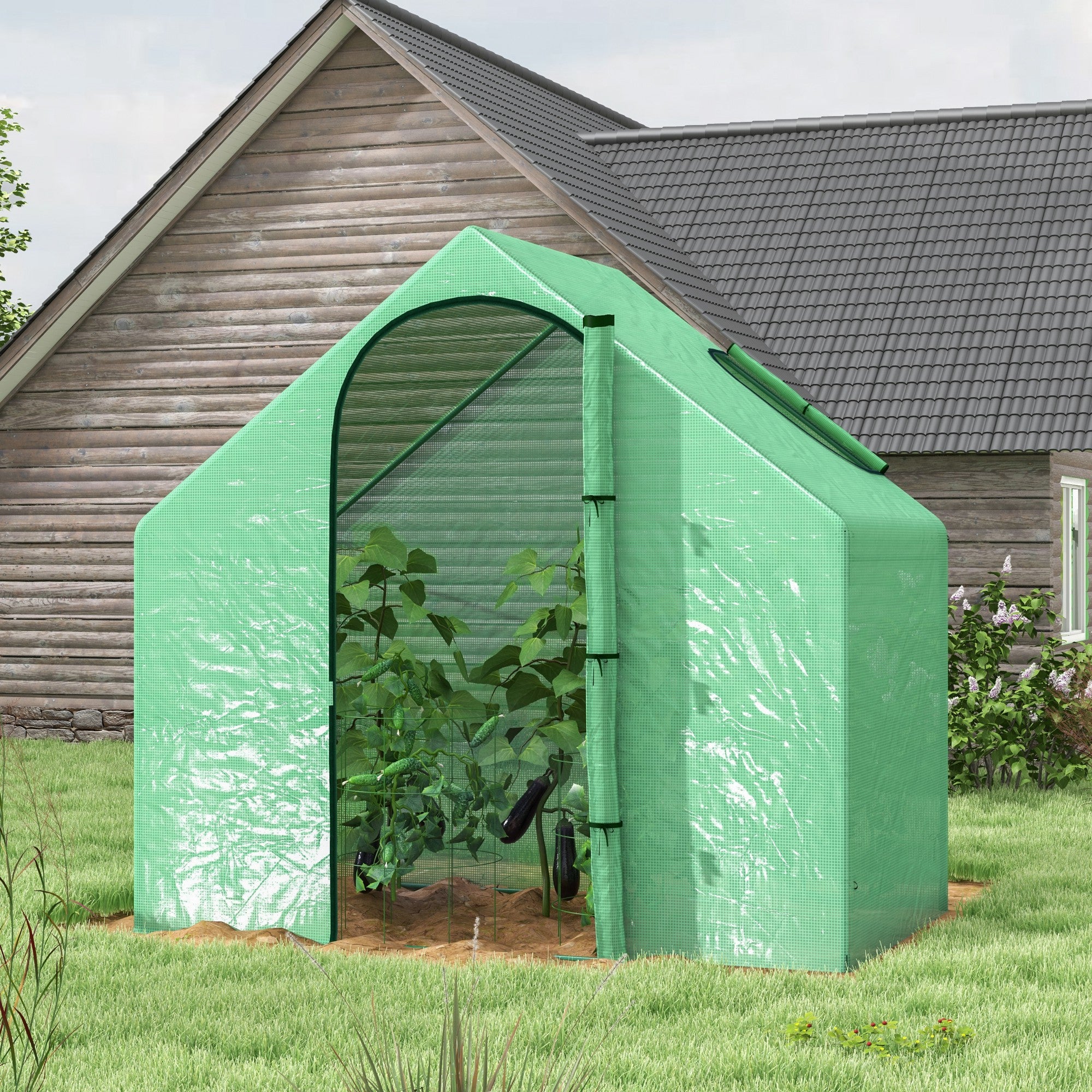 Outsunny Walk In Mini Greenhouse Garden Outdoor Flower Planter Steel Frame w/ Zipped Door & Window, PE Cover, 180 x 100 x 168CM, Green 