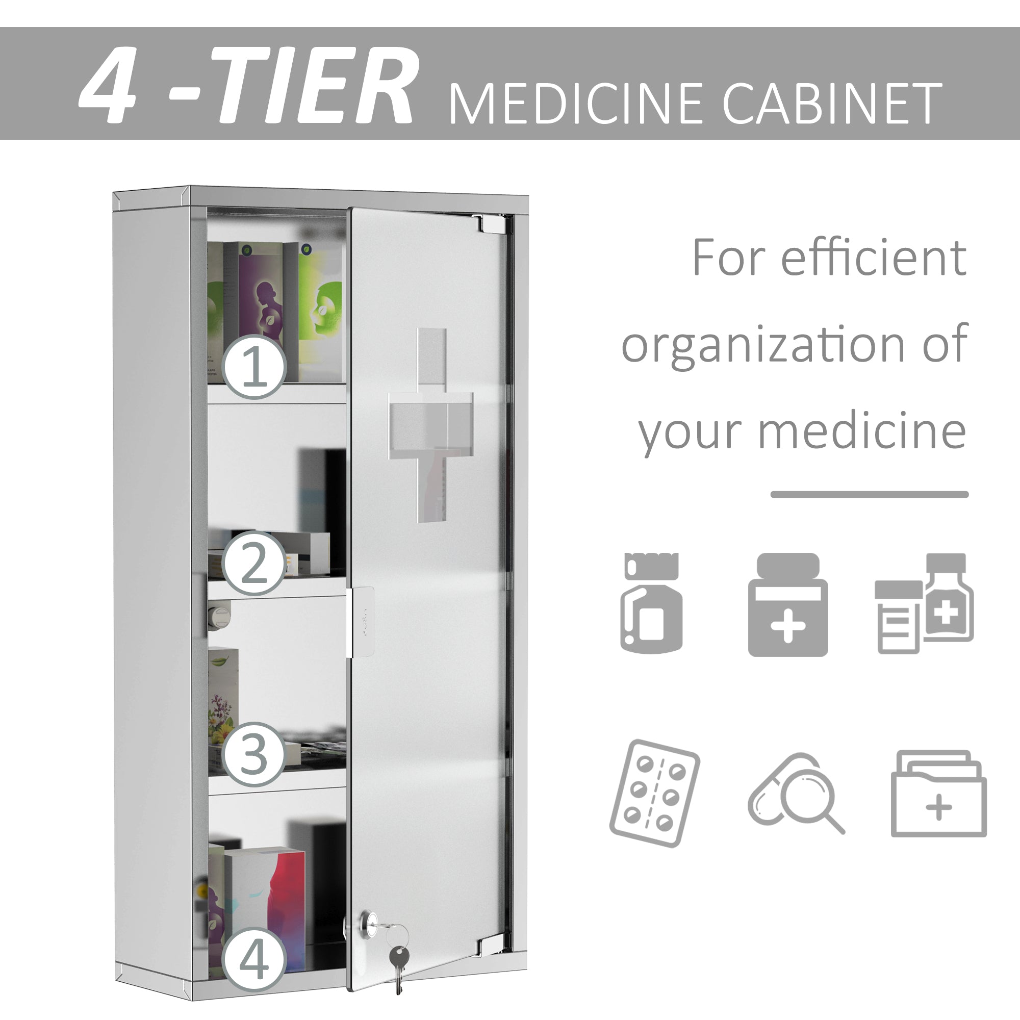 HOMCOM 4 Tier Stainless Steel Wall Mounted Medicine Cabinet Glass Lockable Door Storage Shelves Houseware Bathroom Furniture 60Hx30Wx12D(cm) w/2 Keys 