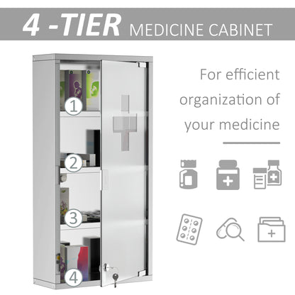 HOMCOM 4 Tier Stainless Steel Wall Mounted Medicine Cabinet Glass Lockable Door Storage Shelves Houseware Bathroom Furniture 60Hx30Wx12D(cm) w/2 Keys 
