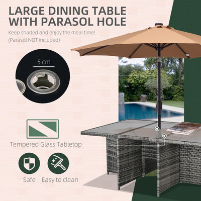 Outsunny 10 Seater Rattan Cube Garden Furniture Set with Parasol Hole, Rattan Dining Set with Cushions, Outdoor Dining Table and Chairs with Rectangular Glass Top Table for Patio, Mixed Grey 