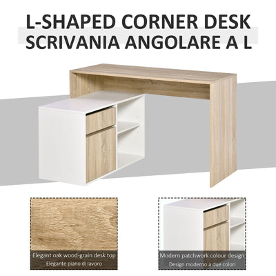 HOMCOM L-Shaped Desk, Corner Computer Desk with Storage Drawer, Adjustable Shelf, Cabinet for Home Office and Study, 120 x 92 x 75cm, Oak and White 