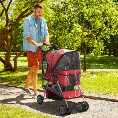 PawHut Dog Stroller with Rain Cover for Small Miniature Dogs, Folding Pet Pram with Cup Holder, Storage Basket, Reflective Strips, Red 