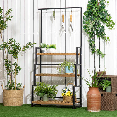 Outsunny 3 Tiered Plant Stand with Hanging Hooks, Flower Rack Shelf for Indoor Outdoor Porch Balcony Living Room Bedroom 