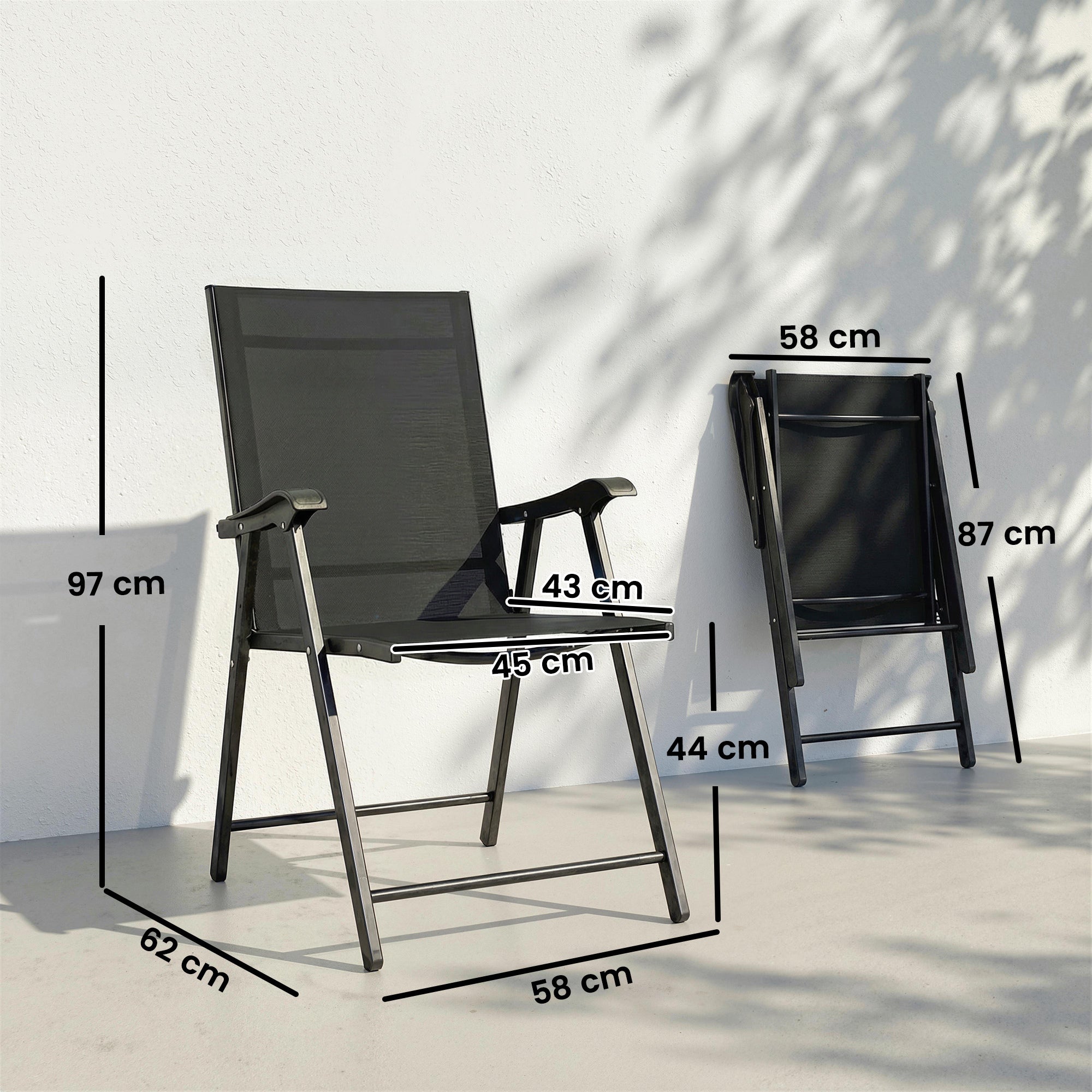 Outsunny Folding Garden Chairs Set of 4, Foldable Garden Dining Chairs with High Back, Armrests, Texteline Seat, Black 
