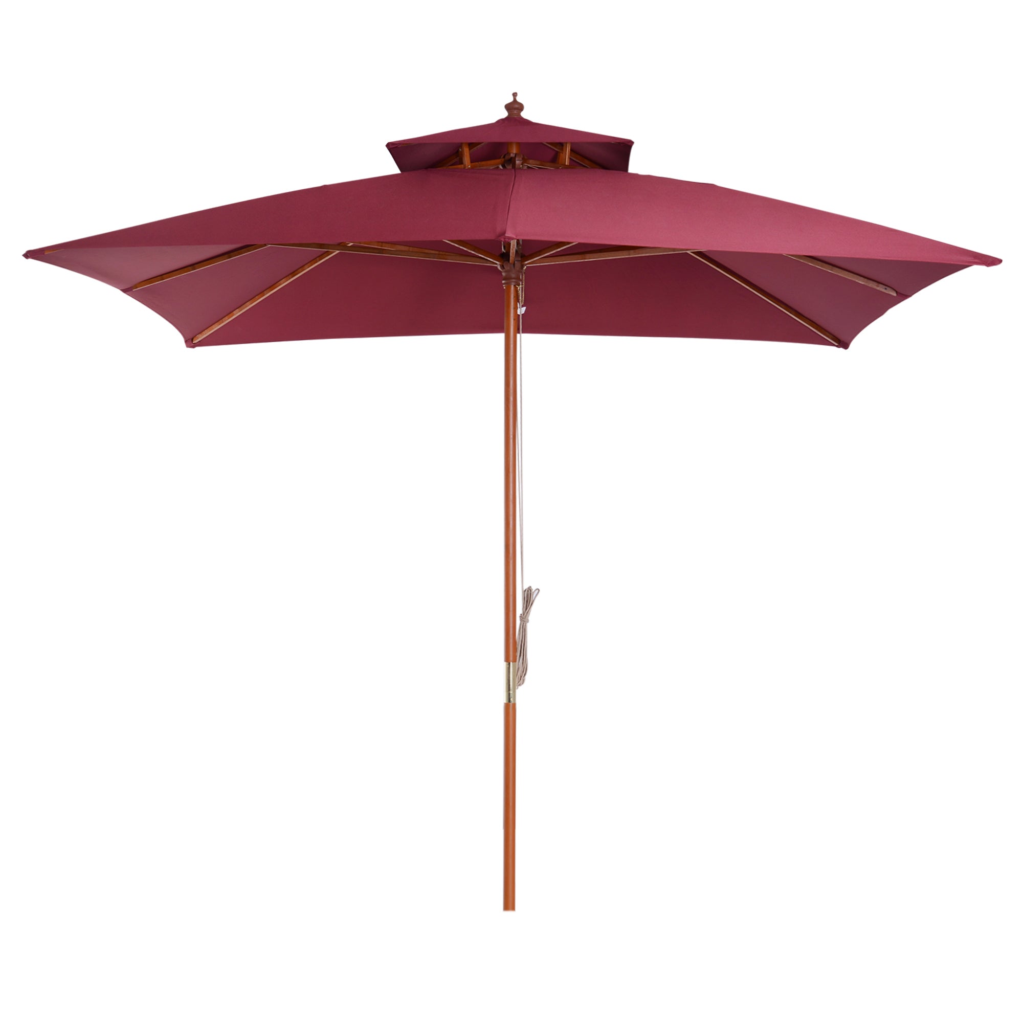 Outsunny 3 x 3(M) Garden Parasol Umbrella Sunshade, Outdoor Wooden Parasol with Double Tier Canopy, Wine Red 