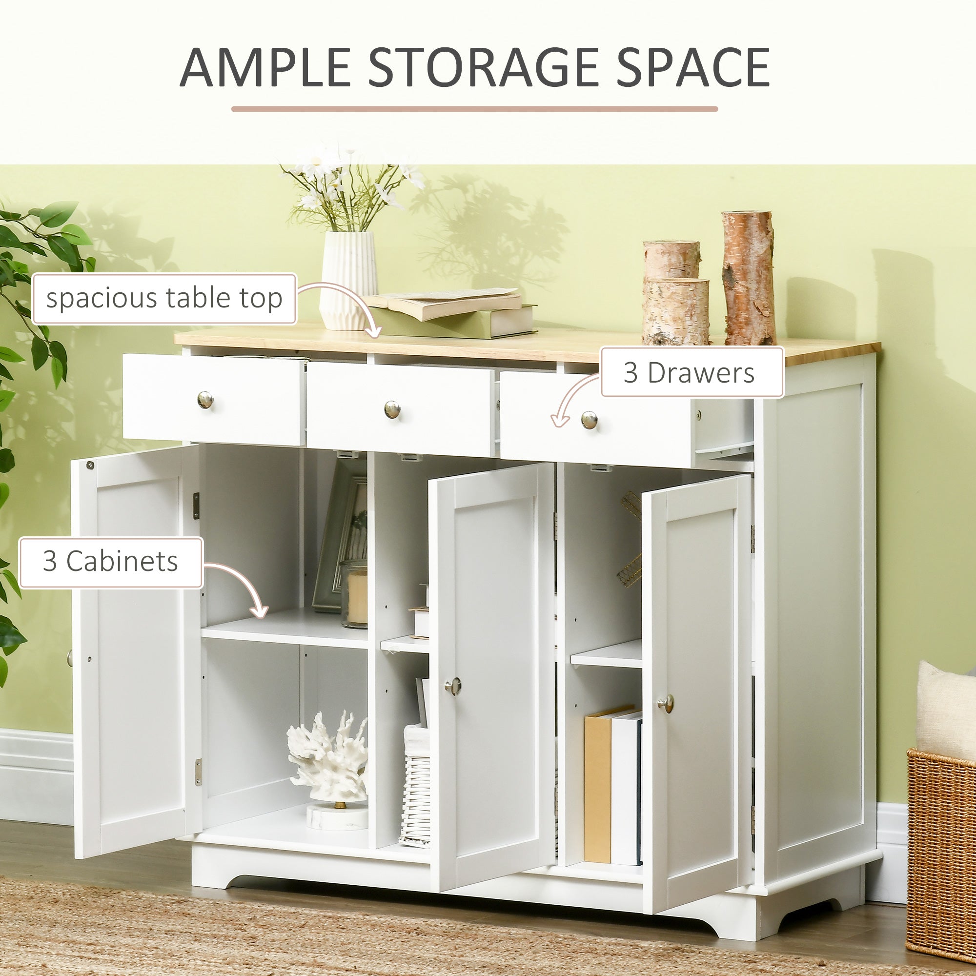 HOMCOM Modern Sideboard with Rubberwood Top, Buffet Cabinet with Storage Cabinets, Drawers and Adjustable Shelves for Living Room, Kitchen, White 