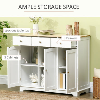 HOMCOM Modern Sideboard with Rubberwood Top, Buffet Cabinet with Storage Cabinets, Drawers and Adjustable Shelves for Living Room, Kitchen, White 