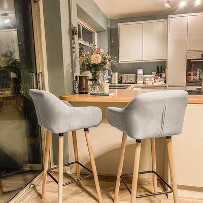 HOMCOM Set of 2 Bar Stools Modern Upholstered Seat Bar Chairs w/ Metal Frame, Solid Wood Legs Living Room Dining Room Fabric Furniture - Beige 
