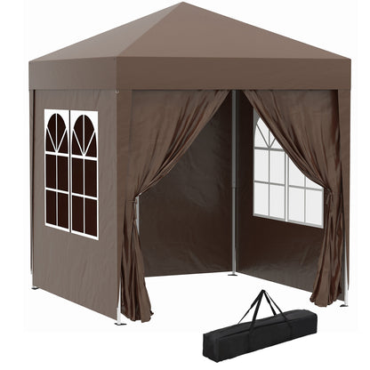 Outsunny 2 x 2 m Garden Pop Up Gazebo, Wedding Party Tent Marquee, Water Resistant Awning Canopy with Sidewalls, Windows, Carry Bag, Coffee 