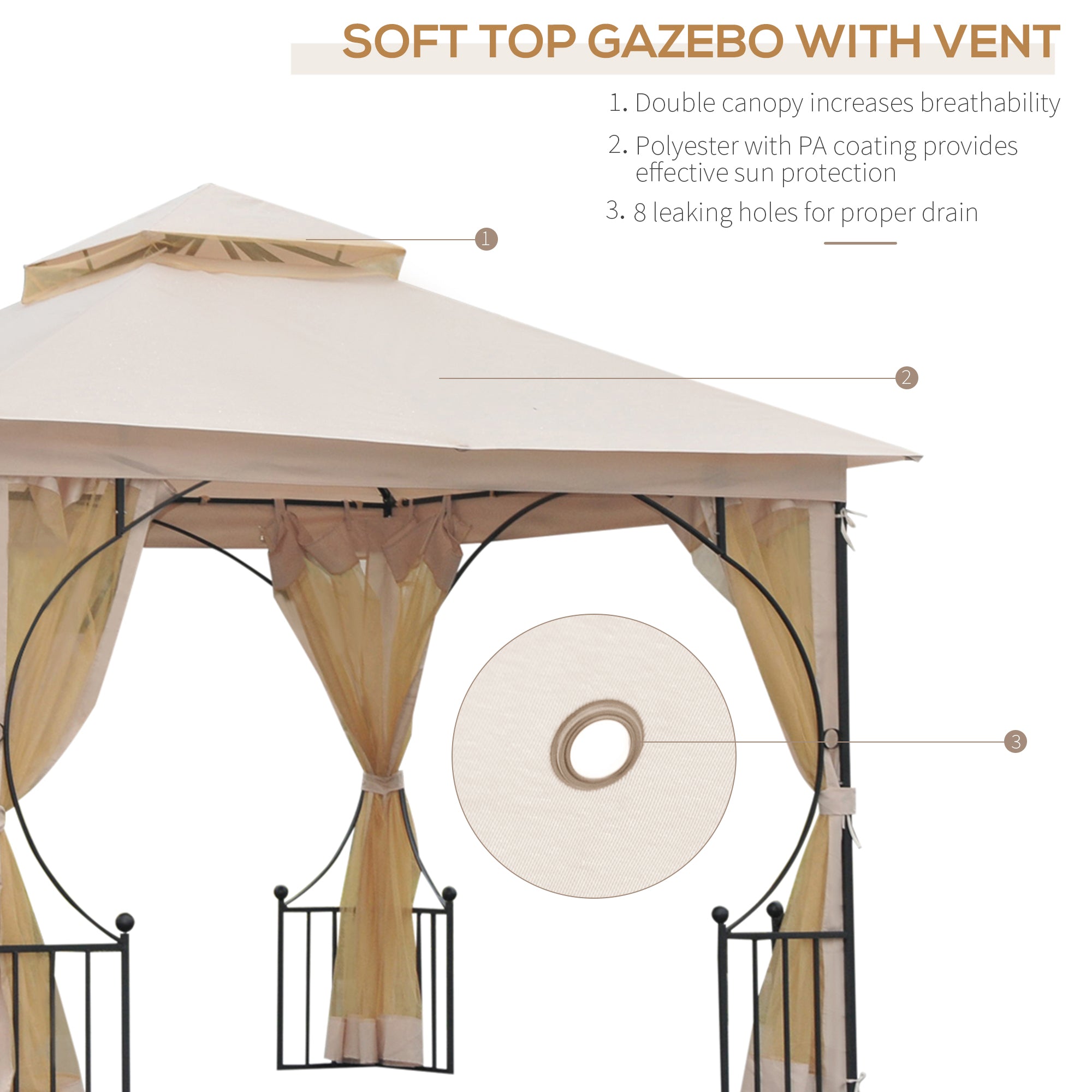 Outsunny 3 x 3(m) Garden Gazebo Patio Party Tent Shelter Outdoor Canopy Double Tier Sun Shade Metal Frame Netting, Beige 