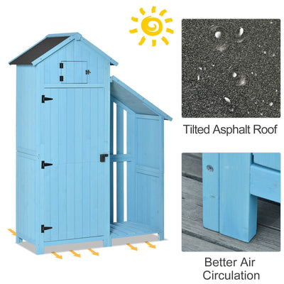 Outsunny Wooden Shed, Garden Storage Cabinet with Log Store, Waterproof Asphalt Roof and Lockable Door, Narrow Tool Organizer, 130 x 55 x 180 cm 