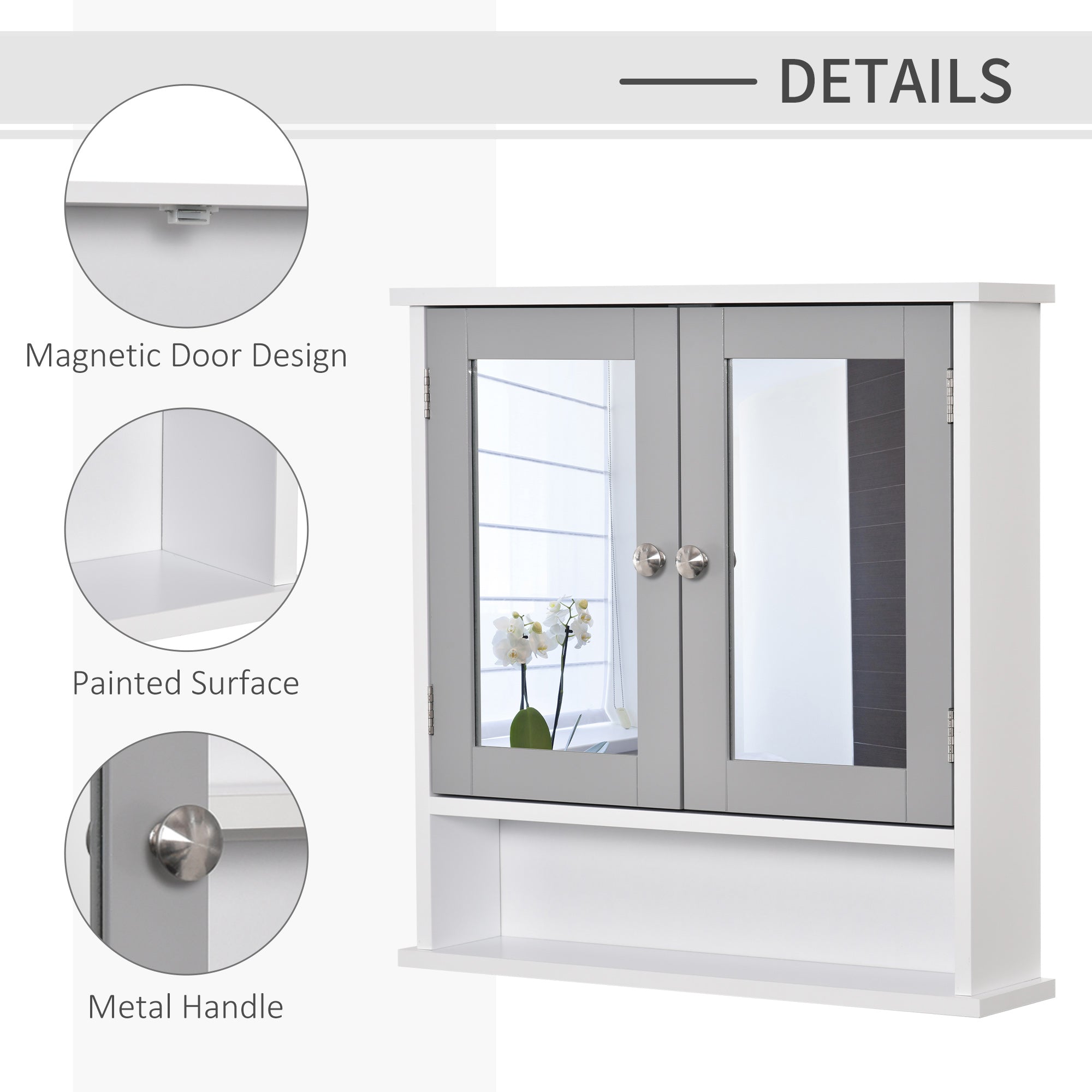 kleankin Mirror Cabinet Wall Mounted with Double Mirrored Doors, Hanging Cabinet with Cupboard and Shelf, Bathroom Wall Storage Organizer, Grey 