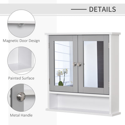 kleankin Mirror Cabinet Wall Mounted with Double Mirrored Doors, Hanging Cabinet with Cupboard and Shelf, Bathroom Wall Storage Organizer, Grey 