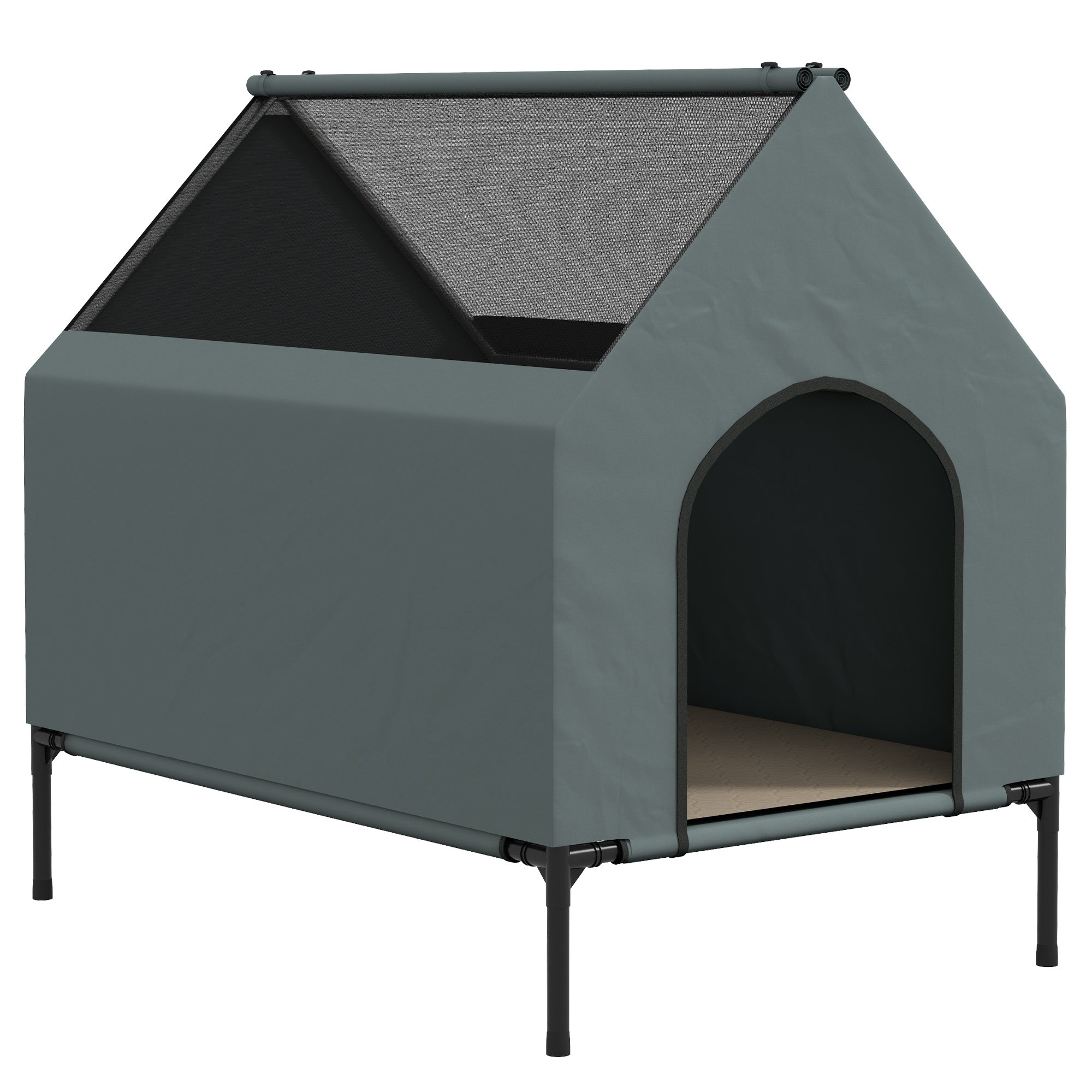 PawHut Dog House Outdoor Elevated Dog Bed with Removable Cover, Mesh Windows, Storage Bag, for S and M-Sized Dogs, Grey 