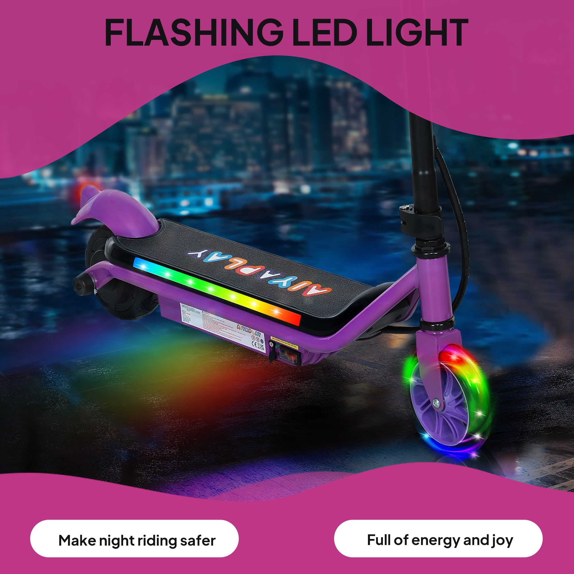 AIYAPLAY Electric Scooter for Kids Ages 6-14, with Dual Brakes, Flash Wheel and Colourful Light, Kids Electric Scooter E Scooter, Up to 12 KM/H & 10 KM, Purple 