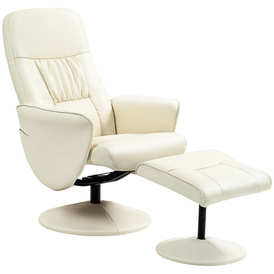 HOMCOM Swivel Recliner Chair with Footstool, PU Leather Armchair and Ottoman with High Back and Round Base for Living Room, Cream White 