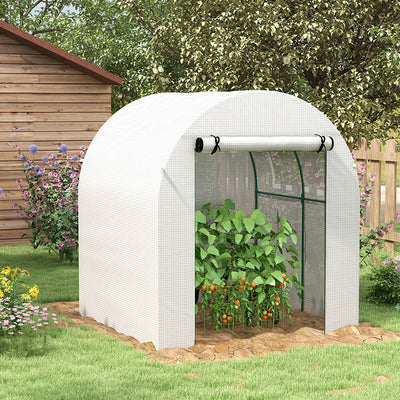 Outsunny Walk in Polytunnel Greenhouse, Green House for Garden with Roll-up Window and Door, 1.8 x 1.8 x 2 m, White 