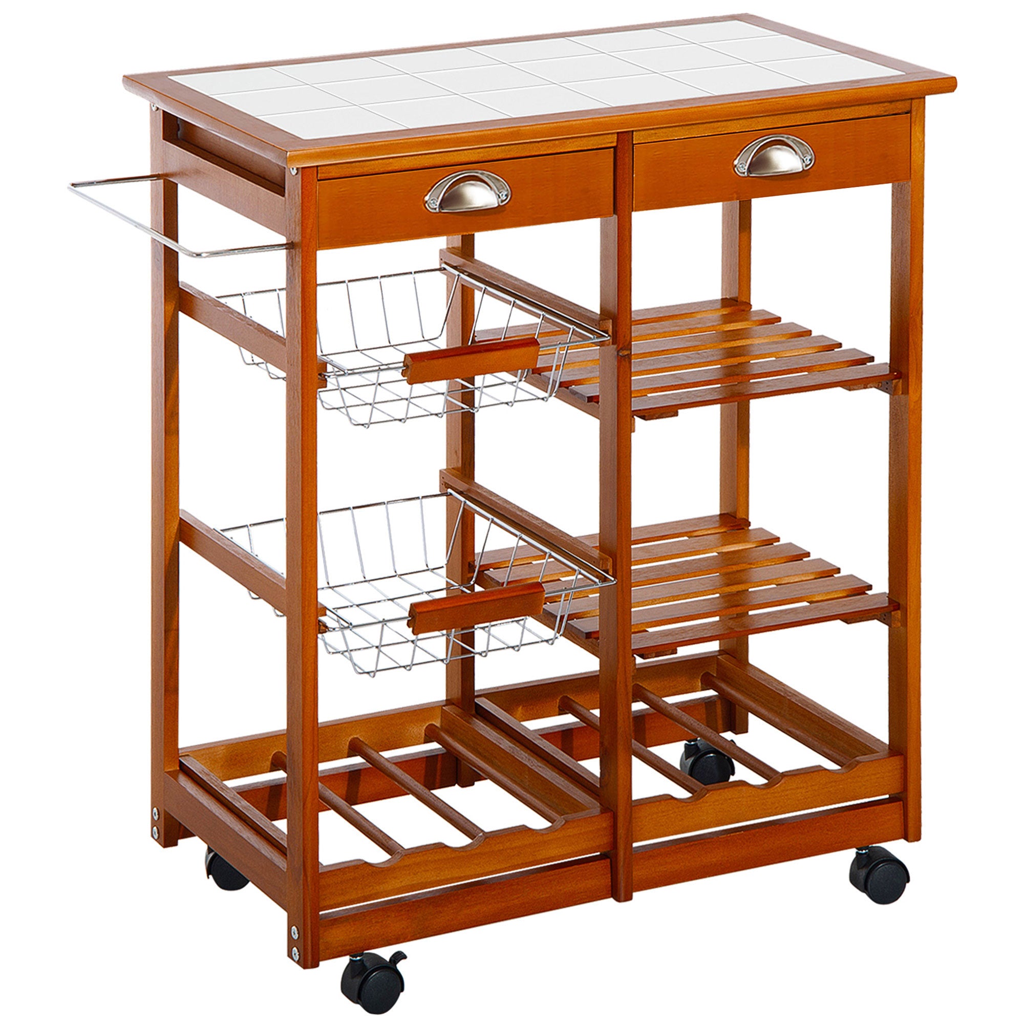 HOMCOM Rolling Kitchen Island Trolley Cart Drawer Shelves Basket Wheels W/  6 Bottle Wine Rack, Honey Colour 