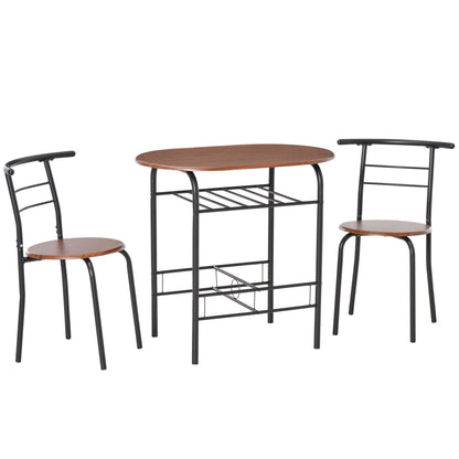 HOMCOM 3-Piece Dining Table Set , Metal Frame Wood Top Breakfast Bar Table Set for 2, Dining Table w/Storage Shelf & 2 chairs 
