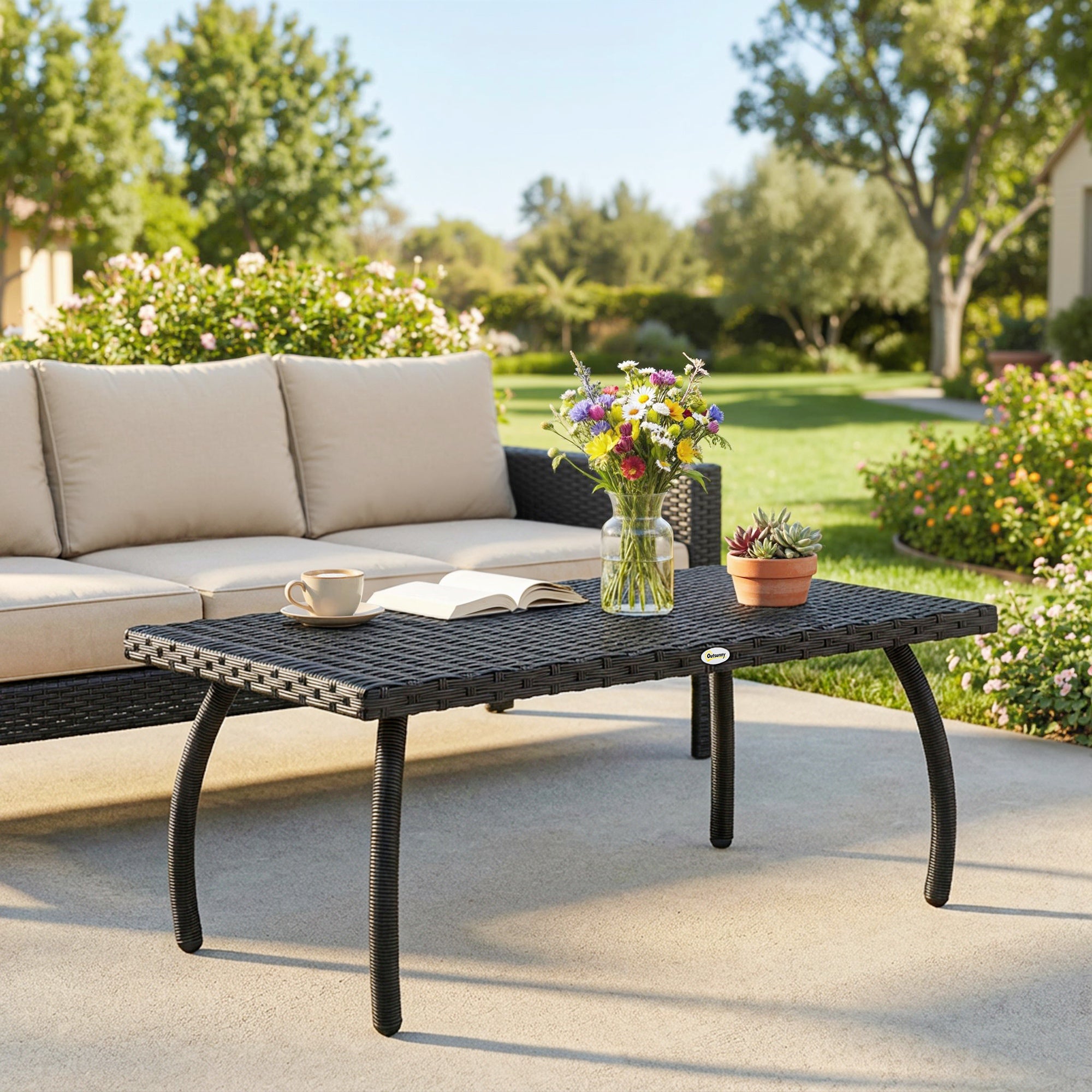Outsunny PE Wicker Rattan Garden Coffee Table - Black 