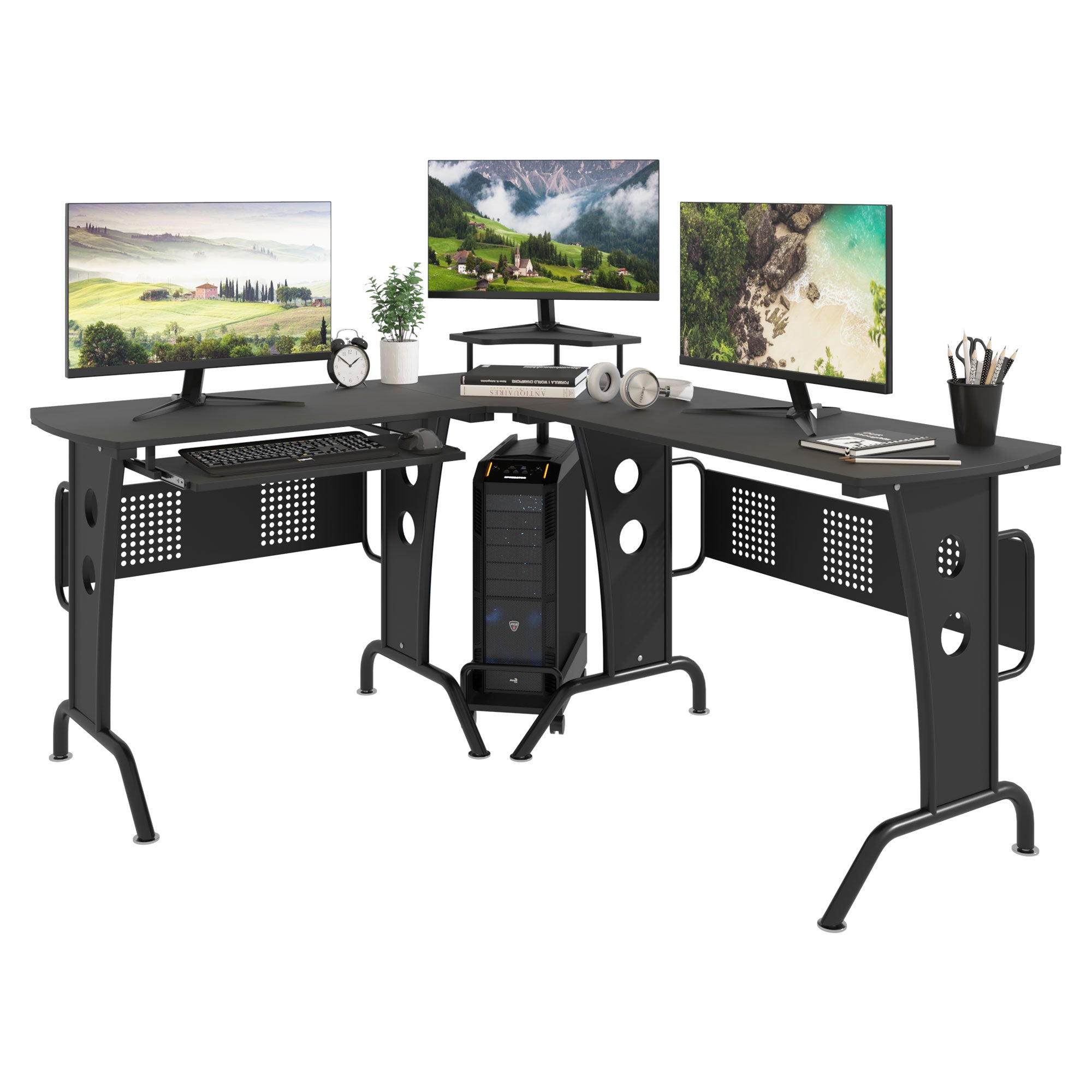 HOMCOM L-Shaped Corner Desk, Gaming Desk with CPU Rack, Keyboard Tray, Space-Saving Computer Desk with Steel Frame for Home Office,165 x 145 x 86.5cm, Black 