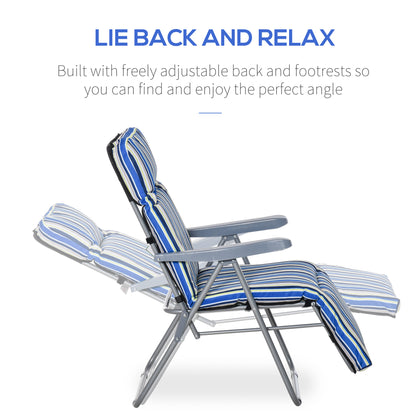 Outsunny Reclining Garden Chair Set of 2, 5-Level Adjustable Zero Gravity Chairs with Cushions, Folding Sun Lounger Garden Recliner Chairs with Armrests for Outdoor, Patio, Blue Stripe 