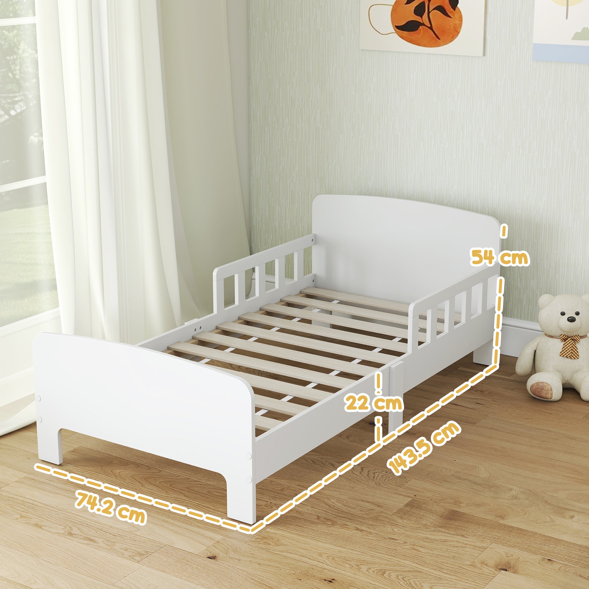 AIYAPLAY Toddler Bed, Kids Bed Frame with Safety Side Rails, Kids Bedroom Furniture for Ages 3-8 Years, White 