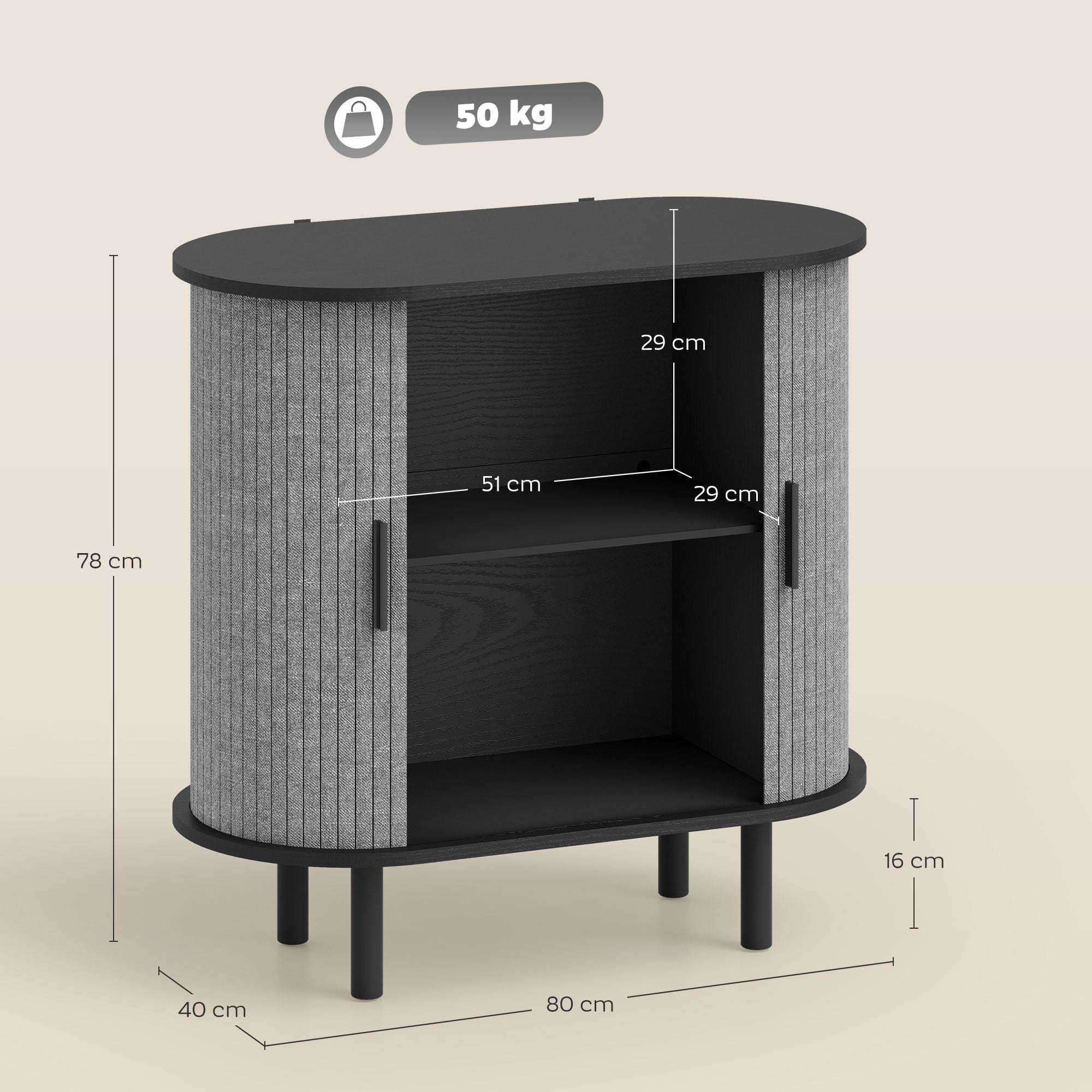 HOMCOM Tambour Sideboard with Fluted Sliding Doors, Modern Kitchen Cupboard with Storage Shelves and Wooden Legs, Grey 