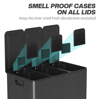 HOMCOM 3 x 20L Pedal Bin, Steel Triple Kitchen Bin with Soft Close Lid, Removable Inner Buckets, Fingerprint-Proof, Black 
