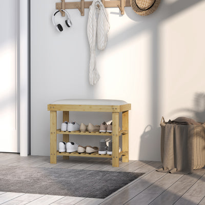 HOMCOM Bamboo Shoe Storage Bench, 3-Tier Shoe Bench with Seat Cushion, Shoe Rack for Entryway, Hallway, Living Room, Bedroom, Cream White 