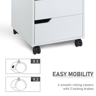 HOMCOM 3 Drawer Mobile File Cabinet, Vertical Filing Cabinet with Wheels for Home Office, White 