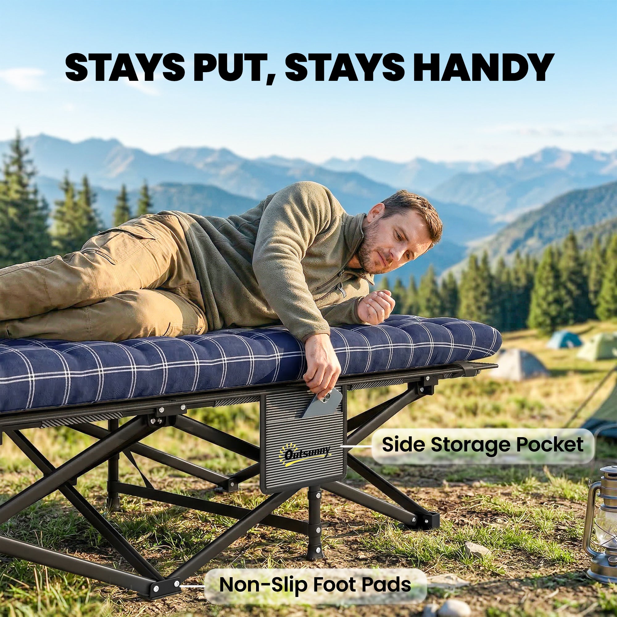 Outsunny Camping Cot with Soft Pad, 80cm Extra Wide Folding Cots with Side Pocket and Carry Bag, Blue 