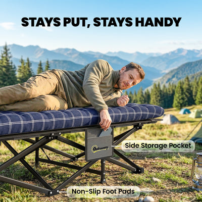 Outsunny Camping Cot with Soft Pad, 80cm Extra Wide Folding Cots with Side Pocket and Carry Bag, Blue 