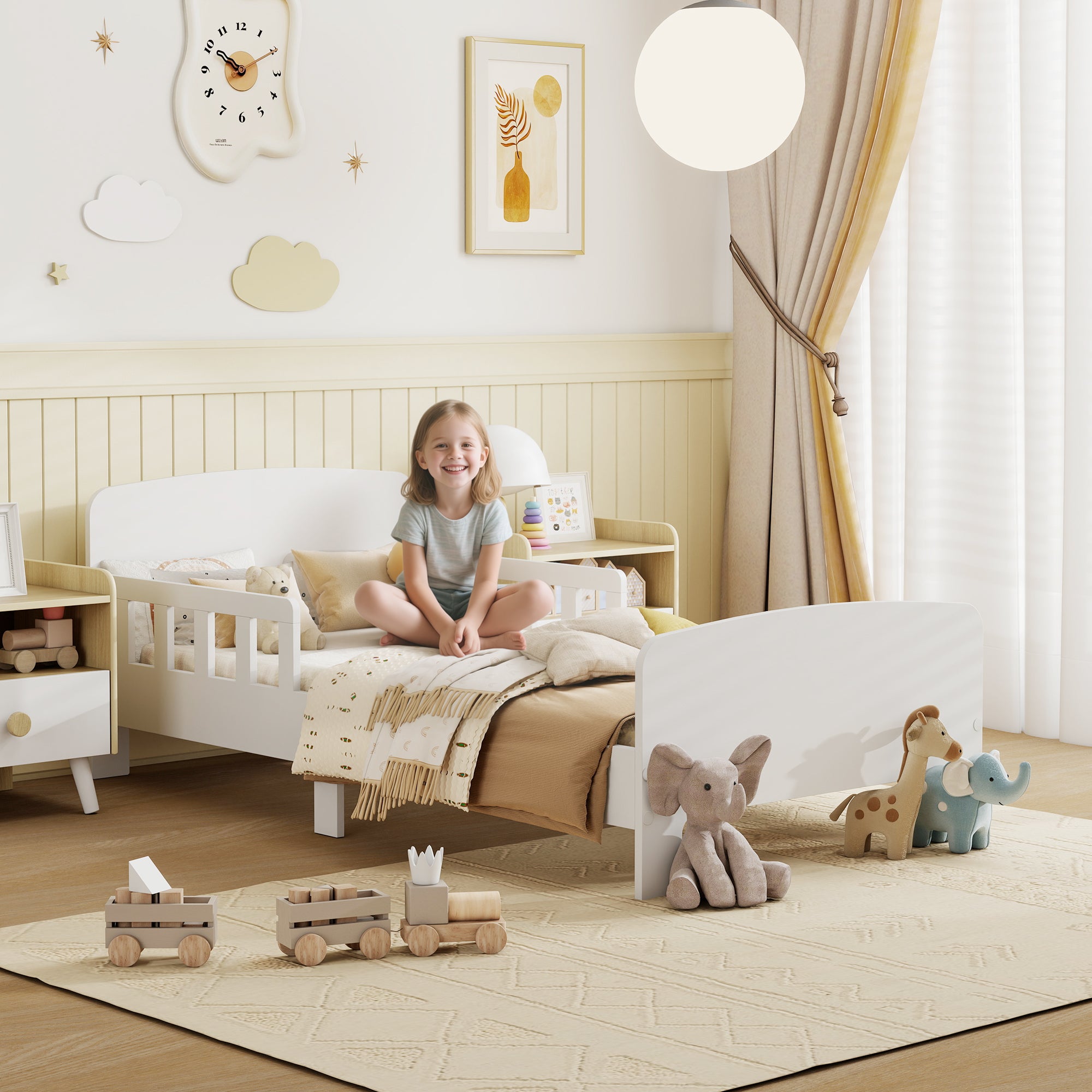 AIYAPLAY Toddler Bed, Kids Bed Frame with Safety Side Rails, Kids Bedroom Furniture for Ages 3-8 Years, White 
