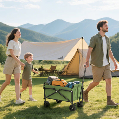 Outsunny 41L Festival Trolley on Wheels, Small Garden Folding Trolley Cart, 60kg Heavy Duty Collapsible Folding Wagon with Adjustable Handle and Carrying Bag for Beach, Camping, Festival, Green 
