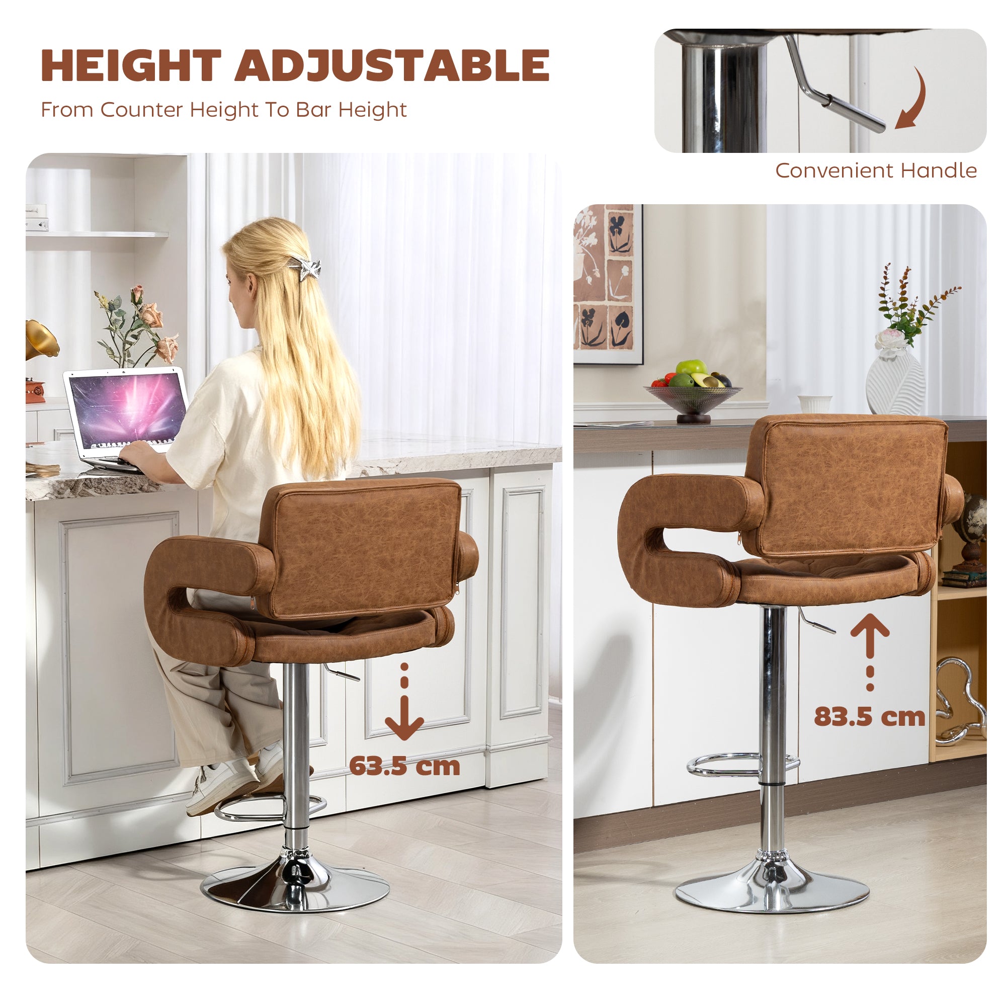 HOMCOM PU Leather Upholstered Swivel Bar Stool, Height Adjustable with Back, Armrest, Footrest, Brown 