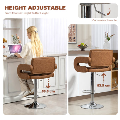 HOMCOM PU Leather Upholstered Swivel Bar Stool, Height Adjustable with Back, Armrest, Footrest, Brown 