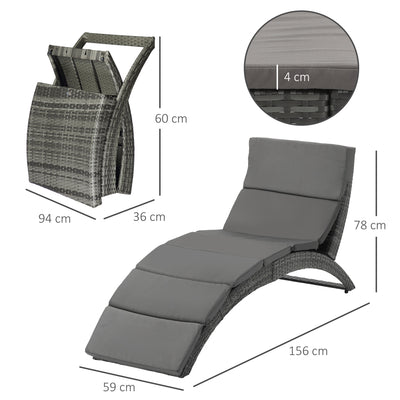 Outsunny Outdoor Foldable PE Rattan Sun Lounger with Soft Padded Cushion, Ergonomic Curved Design Sun Bed for Balcony, Garden, Grey 