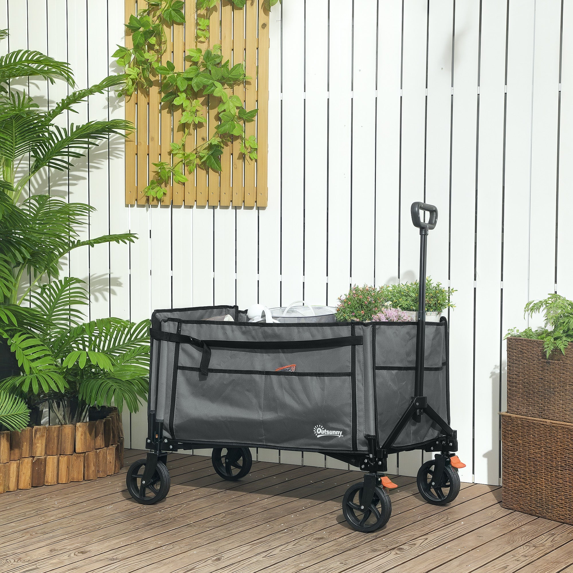 Outsunny Folding Trolley on Wheels, 150L Collapsible Wagon Festival Trolley Cart with Openable Sides, Adjustable Handle and Brakes for Shopping Camping Beach and Garden, Grey 