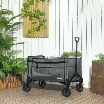 Outsunny Folding Trolley on Wheels, 150L Collapsible Wagon Festival Trolley Cart with Openable Sides, Adjustable Handle and Brakes for Shopping Camping Beach and Garden, Grey 