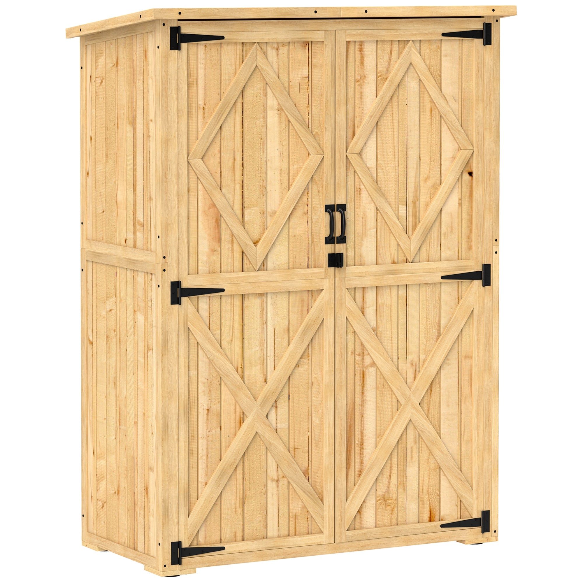 Outsunny Wooden Garden Storage Shed, Tool Storage Cabinet with Asphalt Roof and 2 Shelves for Garden Tools, Equipment, Outdoor Tool Shed with Double Doors, Natural 