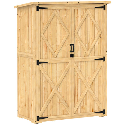 Outsunny Wooden Garden Storage Shed, Tool Storage Cabinet with Asphalt Roof and 2 Shelves for Garden Tools, Equipment, Outdoor Tool Shed with Double Doors, Natural 