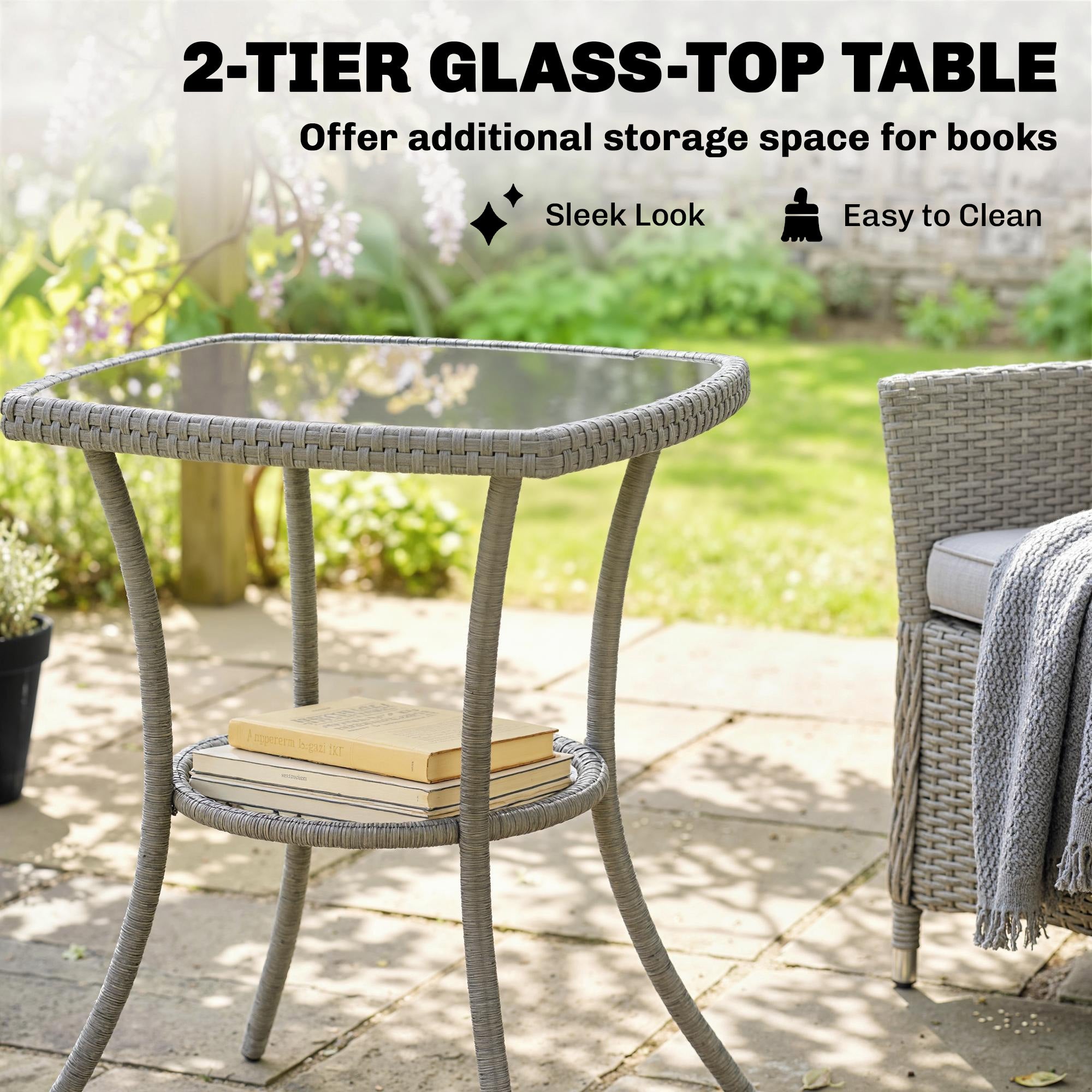 Outsunny 3 Piece Rattan Bistro Set, PE Wicker Garden Furniture Conversation Set with 2 Tier Glass-Top Table, Chairs, Dark Grey 